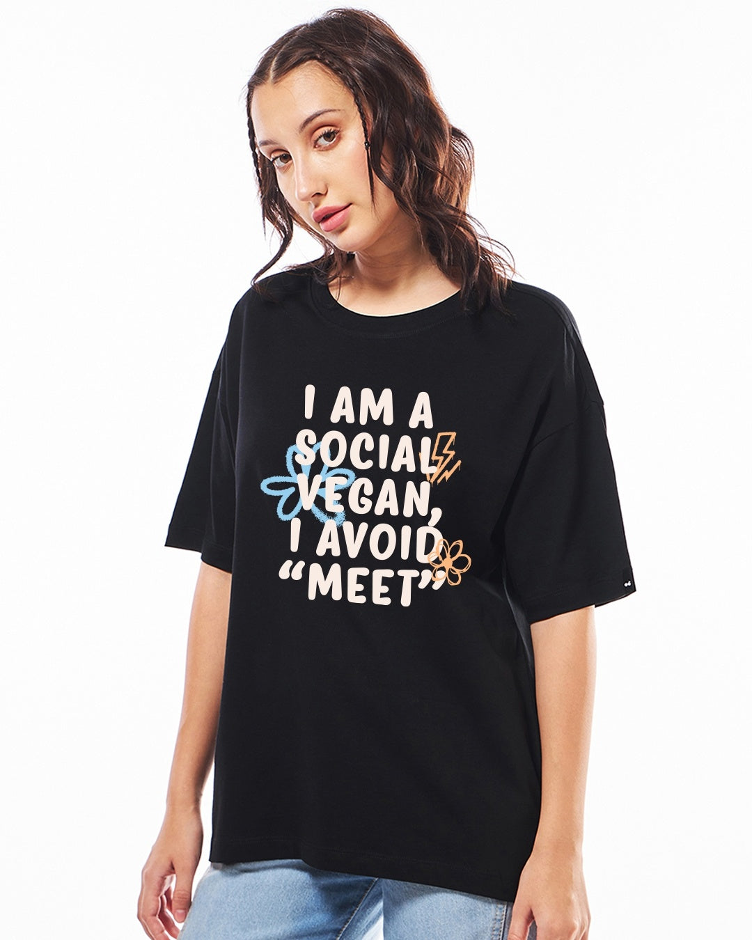 Women's Jet Black Vegan Typography Oversized T-shirt
